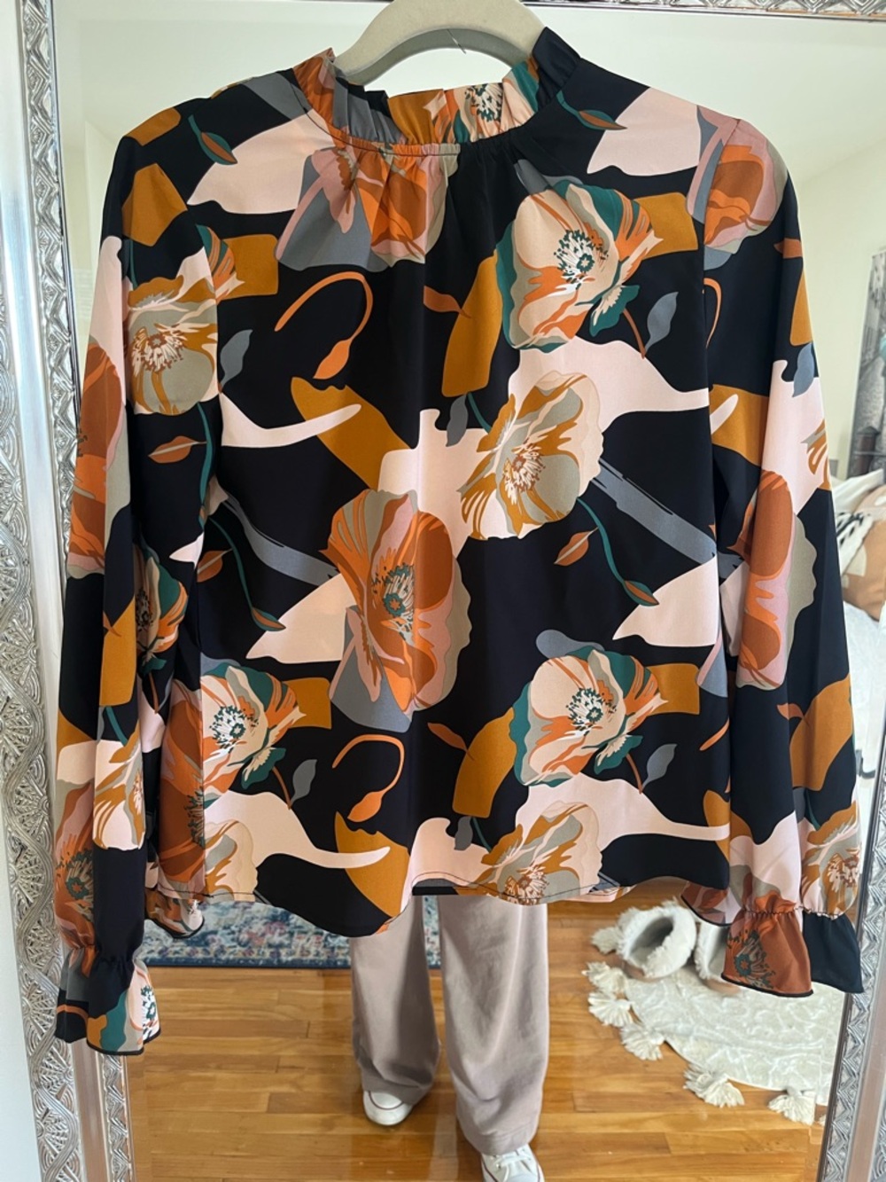 SHEIN Black Floral Abstract Long-Sleeve Blouse with Peach and Mustard